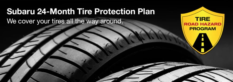 Subaru tire with 24-Month Tire Protection and road hazard program logo. | Fairway Subaru in Hazel Township PA