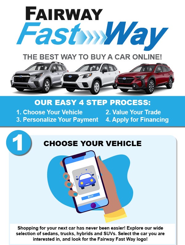 Advertisement for Fairway FastWay's 4-step online car buying: choose, value trade, personalize payment, apply for financing.
